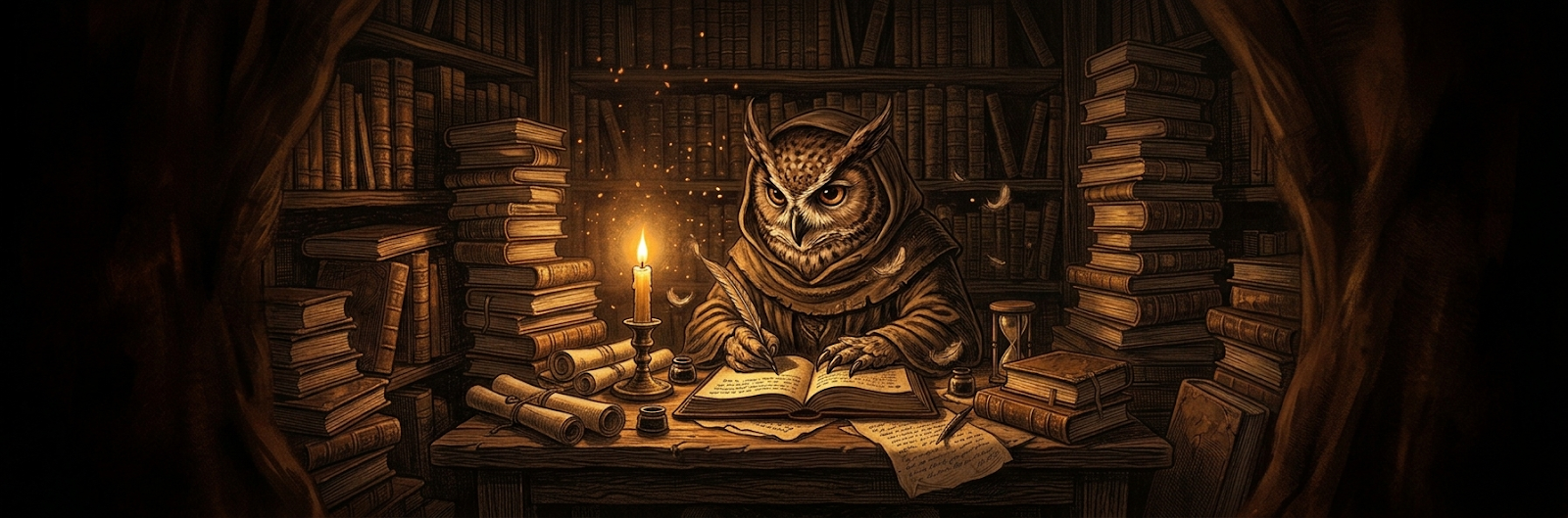 A horned owl in a scholar's robe writing by candlelight at a cluttered desk, walled in by towers of books